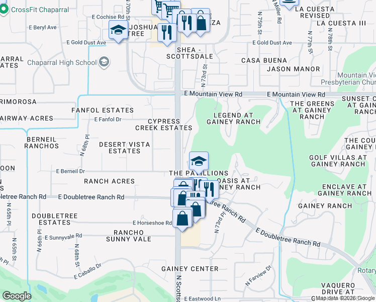 map of restaurants, bars, coffee shops, grocery stores, and more near 7166 East Berneil Lane in Paradise Valley
