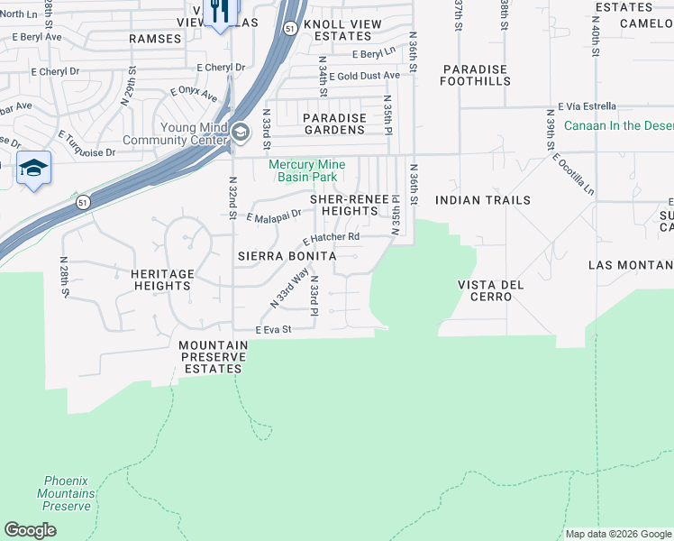 map of restaurants, bars, coffee shops, grocery stores, and more near 9249-9299 North 34th Place in Phoenix