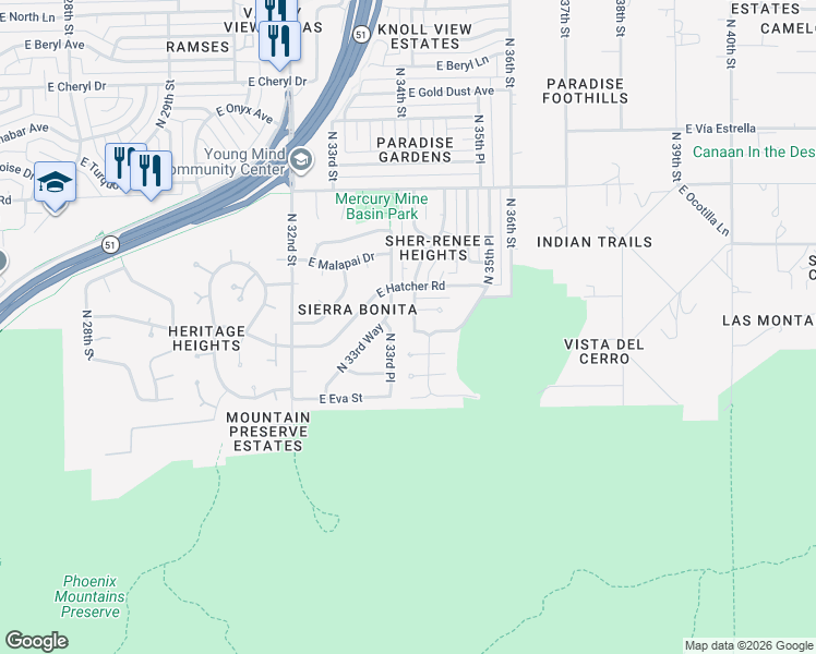 map of restaurants, bars, coffee shops, grocery stores, and more near 3416 East Golden Vista Lane in Phoenix