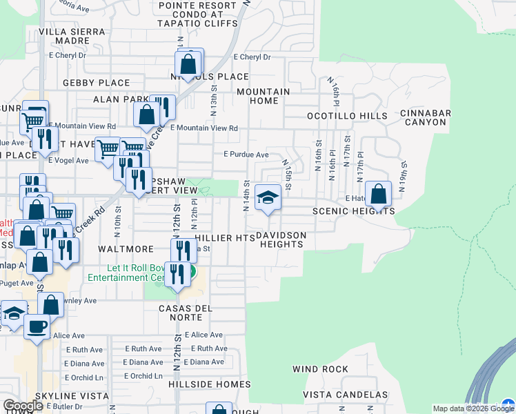map of restaurants, bars, coffee shops, grocery stores, and more near 1422 East Hatcher Road in Phoenix