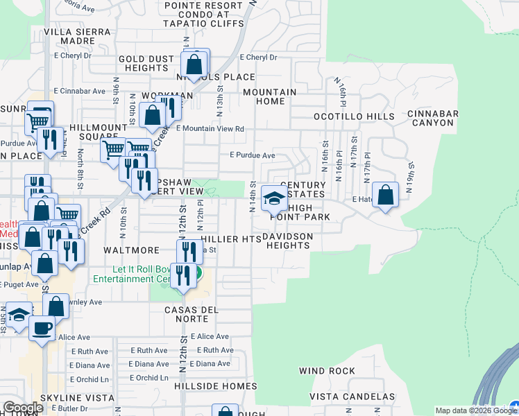 map of restaurants, bars, coffee shops, grocery stores, and more near 1422 East Hatcher Road in Phoenix