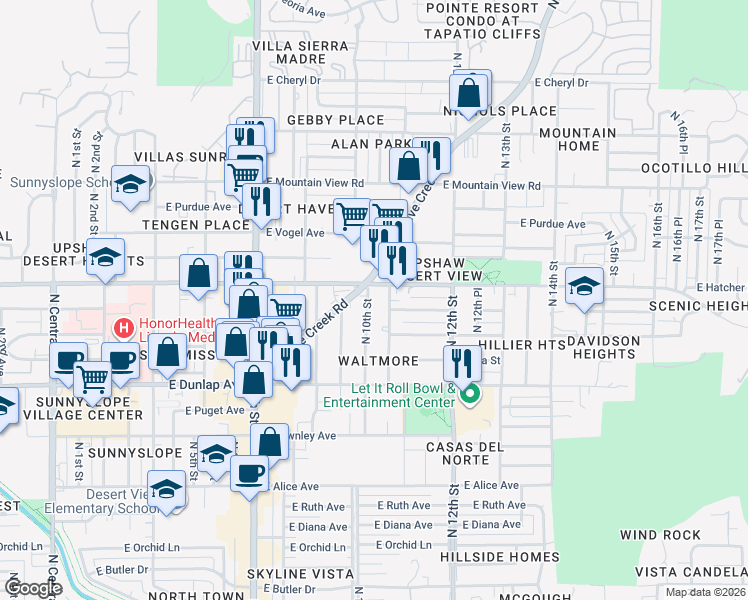map of restaurants, bars, coffee shops, grocery stores, and more near 940 East Hatcher Road in Phoenix
