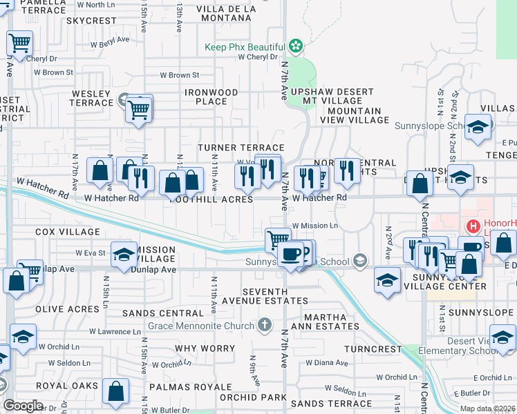 map of restaurants, bars, coffee shops, grocery stores, and more near 748 West Hatcher Road in Phoenix