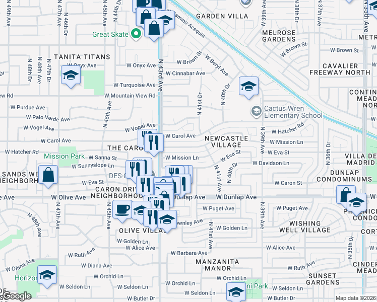 map of restaurants, bars, coffee shops, grocery stores, and more near 4203 West Carol Avenue in Phoenix
