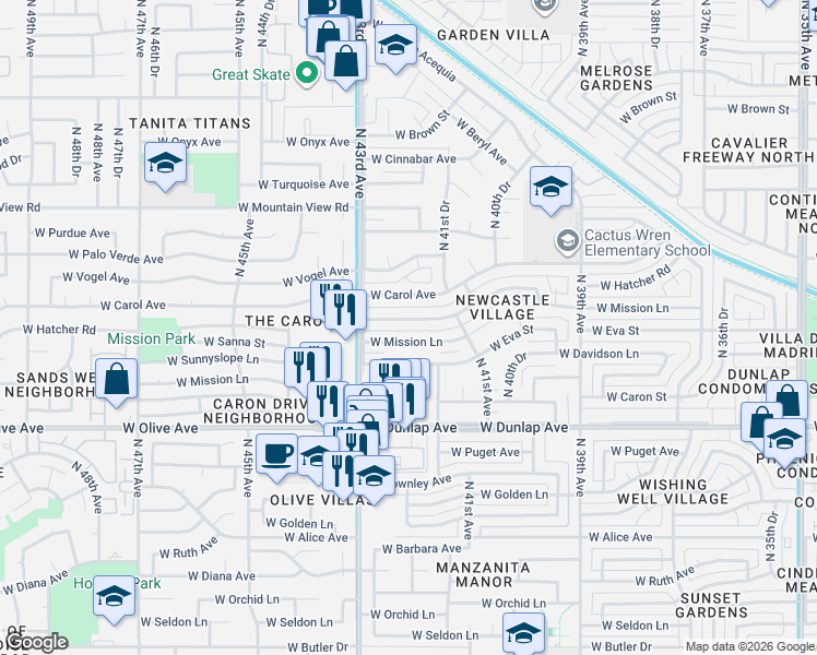map of restaurants, bars, coffee shops, grocery stores, and more near 4203 West Carol Avenue in Phoenix