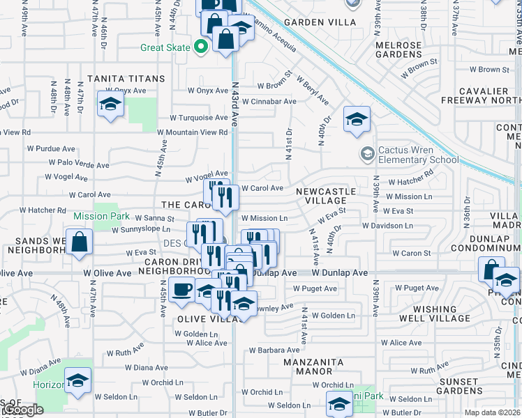 map of restaurants, bars, coffee shops, grocery stores, and more near 4227 West Carol Avenue in Phoenix