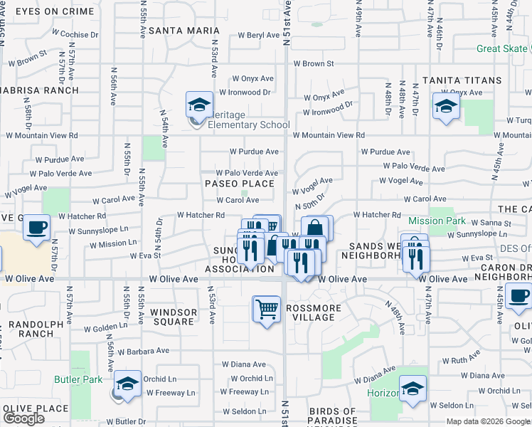 map of restaurants, bars, coffee shops, grocery stores, and more near 5112 West Carol Avenue in Glendale