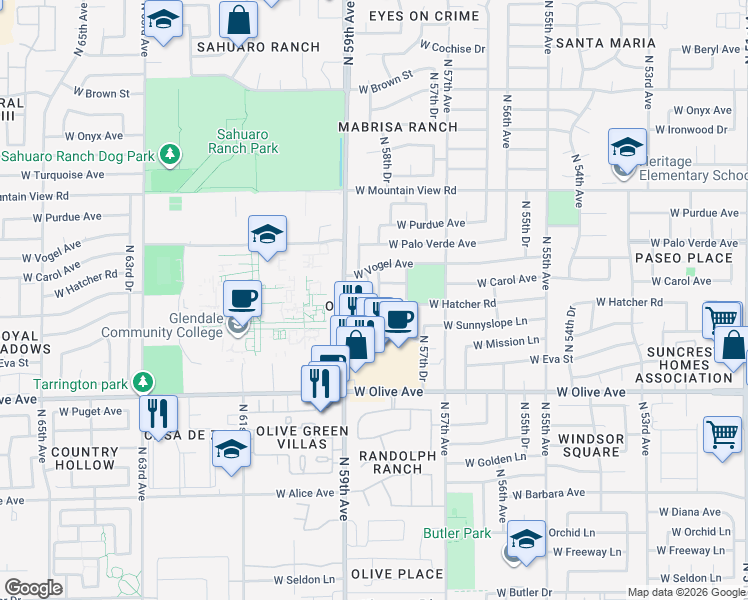 map of restaurants, bars, coffee shops, grocery stores, and more near 9420 North 58th Drive in Glendale