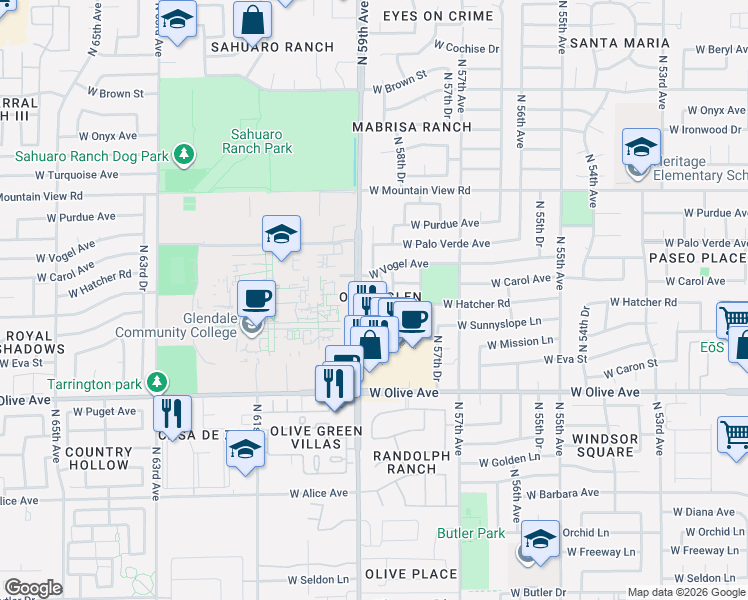map of restaurants, bars, coffee shops, grocery stores, and more near 9420 North 58th Drive in Glendale