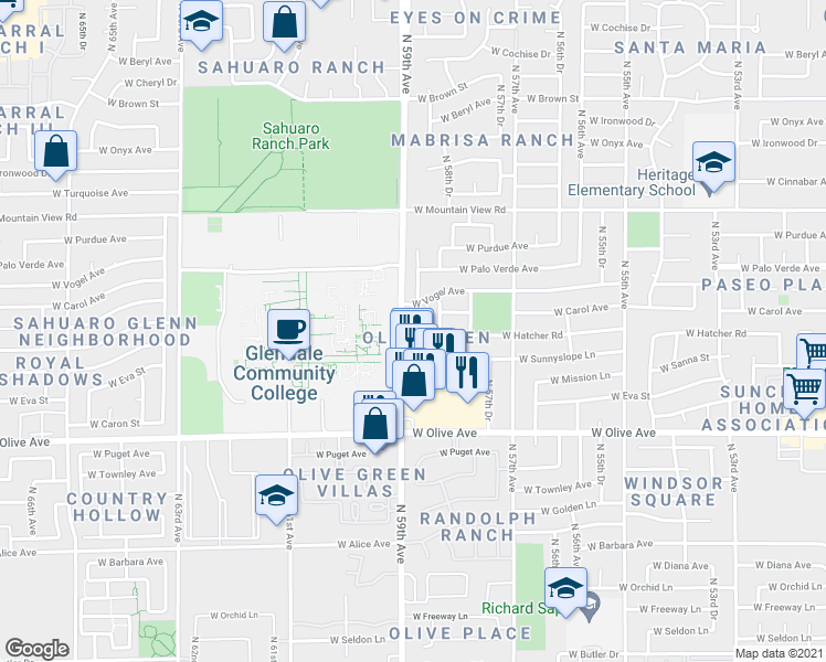 map of restaurants, bars, coffee shops, grocery stores, and more near 9400 North 59th Avenue in Glendale