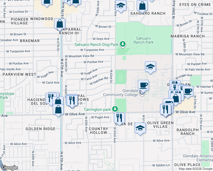 map of restaurants, bars, coffee shops, grocery stores, and more near 6317 West Hatcher Road in Glendale