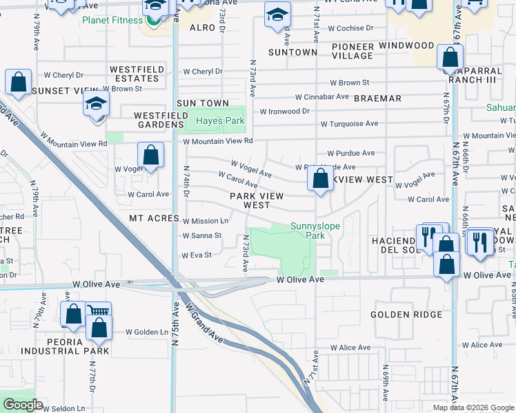 map of restaurants, bars, coffee shops, grocery stores, and more near 7233 West Carol Avenue in Peoria