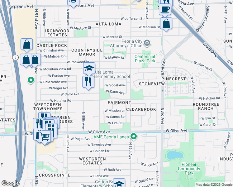 map of restaurants, bars, coffee shops, grocery stores, and more near 8543 West Vogel Avenue in Peoria