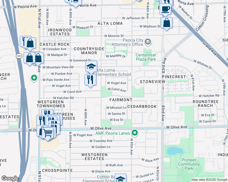 map of restaurants, bars, coffee shops, grocery stores, and more near 8605 West Vogel Avenue in Peoria