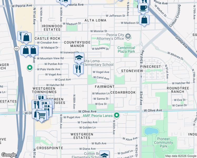 map of restaurants, bars, coffee shops, grocery stores, and more near 8605 West Vogel Avenue in Peoria