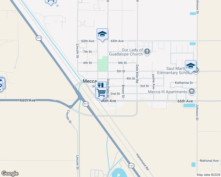 map of restaurants, bars, coffee shops, grocery stores, and more near 91242 3rd Street in Mecca