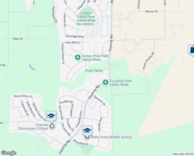 map of restaurants, bars, coffee shops, grocery stores, and more near 31864 Deerberry Lane in Murrieta