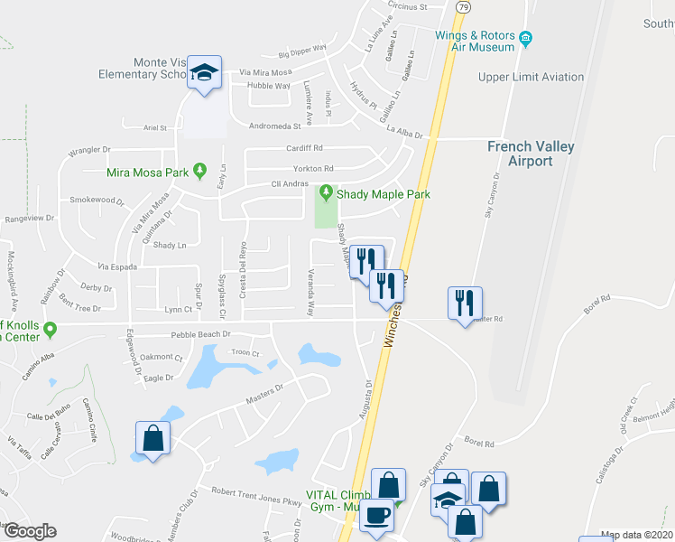 map of restaurants, bars, coffee shops, grocery stores, and more near 29844 Camden Circle in Murrieta