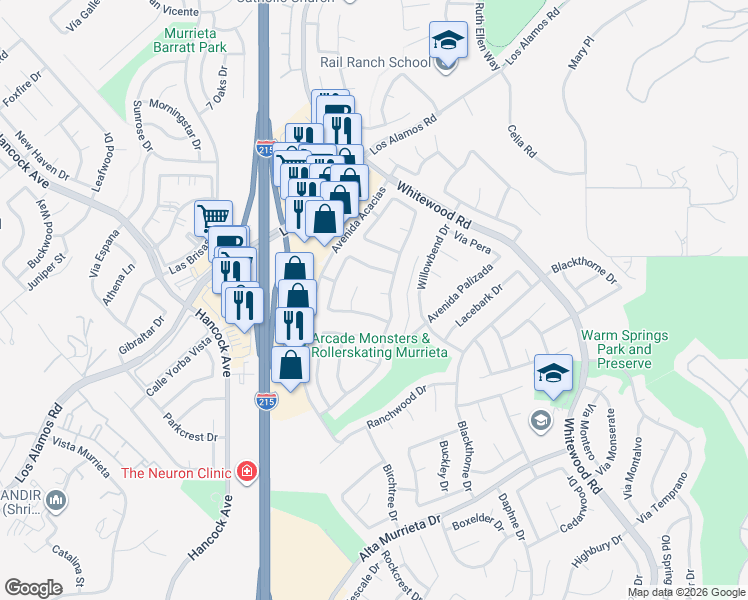 map of restaurants, bars, coffee shops, grocery stores, and more near 25149 Calle Viejo in Murrieta
