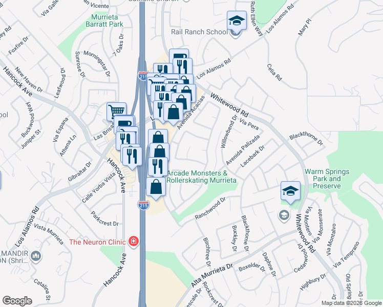 map of restaurants, bars, coffee shops, grocery stores, and more near 39671 Corte Santa Barbara in Murrieta