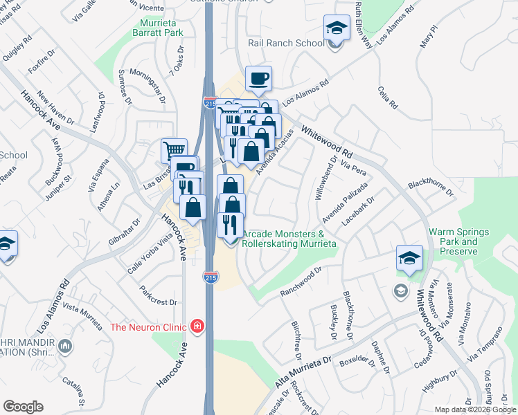 map of restaurants, bars, coffee shops, grocery stores, and more near 39705 Via Las Palmas in Murrieta