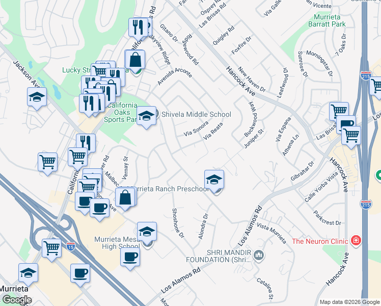 map of restaurants, bars, coffee shops, grocery stores, and more near 24672 Corte Delgado in Murrieta