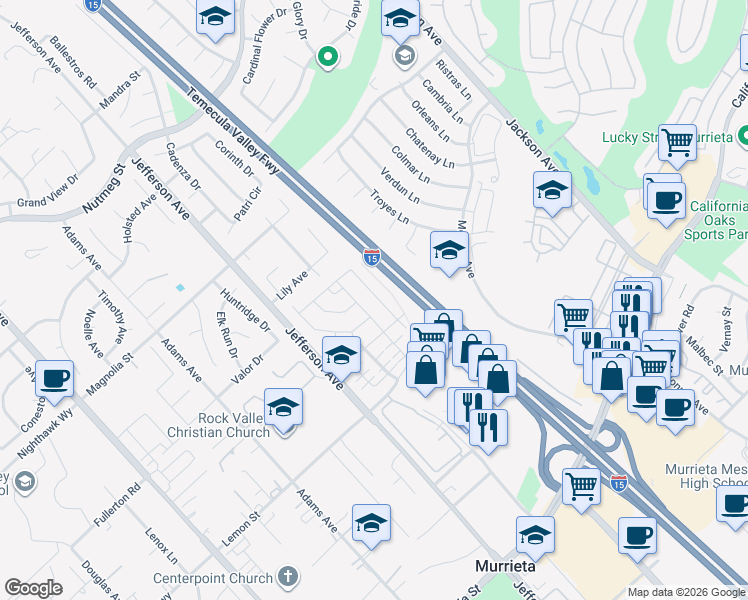 map of restaurants, bars, coffee shops, grocery stores, and more near 24290 Red Spruce Avenue in Murrieta