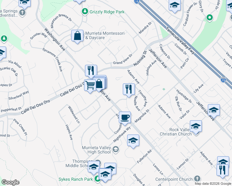 map of restaurants, bars, coffee shops, grocery stores, and more near 23870 Washington Ave in Murrieta