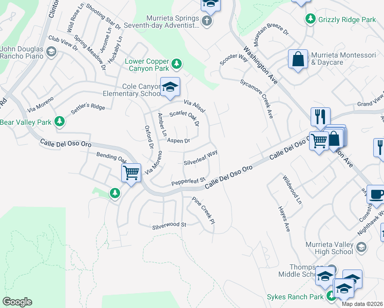 map of restaurants, bars, coffee shops, grocery stores, and more near 23781 Aspen Drive in Murrieta