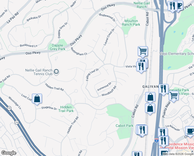map of restaurants, bars, coffee shops, grocery stores, and more near 26932 Falling Leaf Drive in Laguna Hills