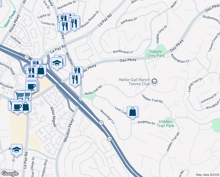 map of restaurants, bars, coffee shops, grocery stores, and more near 24871 Nellie Gail Road in Laguna Hills