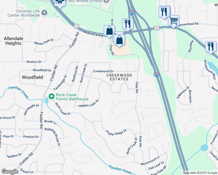 map of restaurants, bars, coffee shops, grocery stores, and more near 3315 Canterbury Trail in Rex