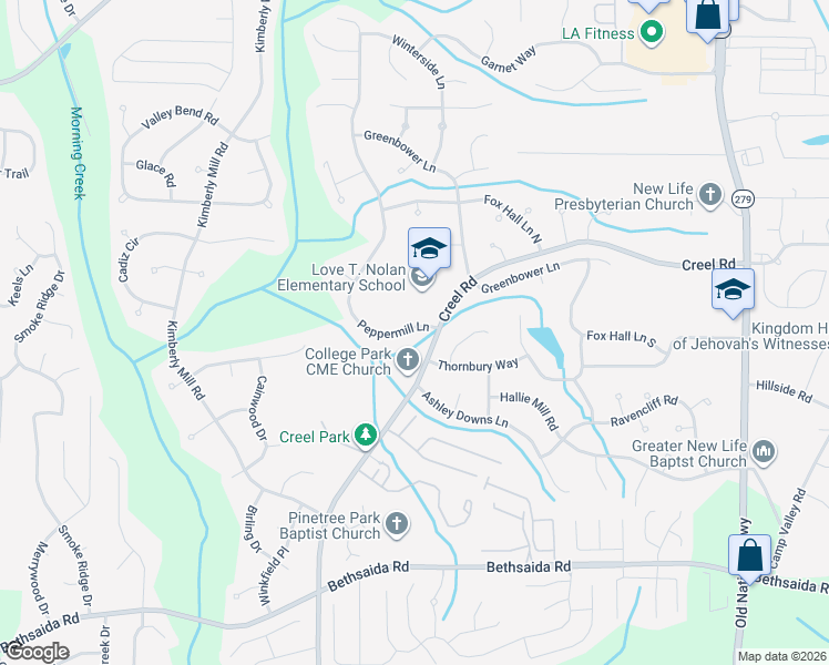 map of restaurants, bars, coffee shops, grocery stores, and more near 2755 Creel Road in Atlanta