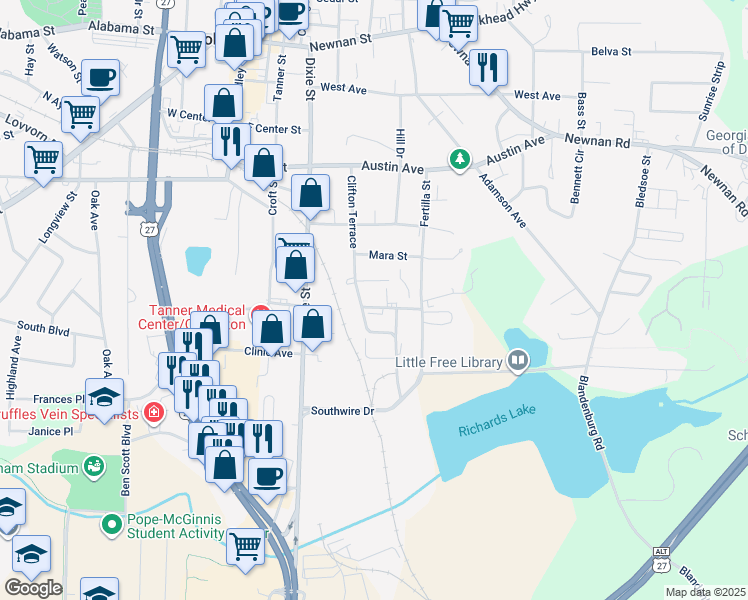 map of restaurants, bars, coffee shops, grocery stores, and more near 111 Southside Avenue in Carrollton