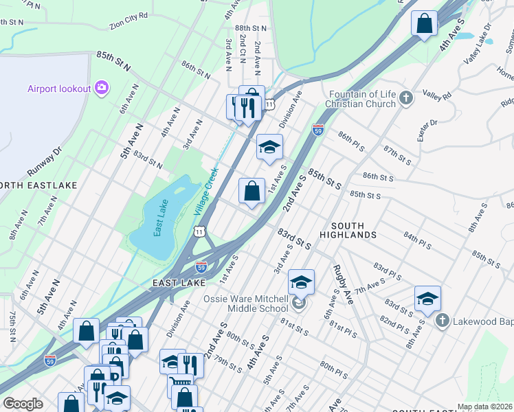 map of restaurants, bars, coffee shops, grocery stores, and more near 8342 1st Avenue South in Birmingham