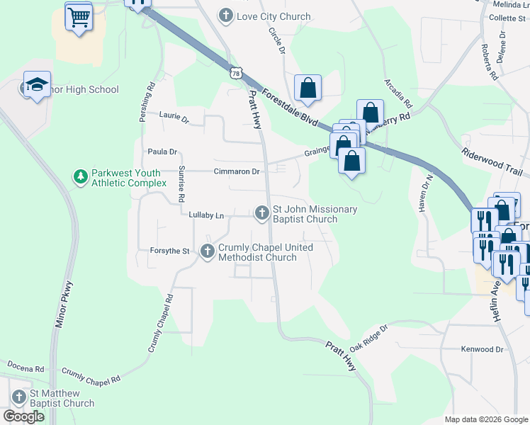 map of restaurants, bars, coffee shops, grocery stores, and more near 2026 Pratt Highway in Birmingham
