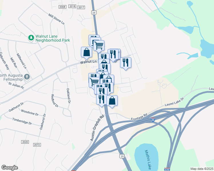 map of restaurants, bars, coffee shops, grocery stores, and more near Market Plaza Drive in North Augusta