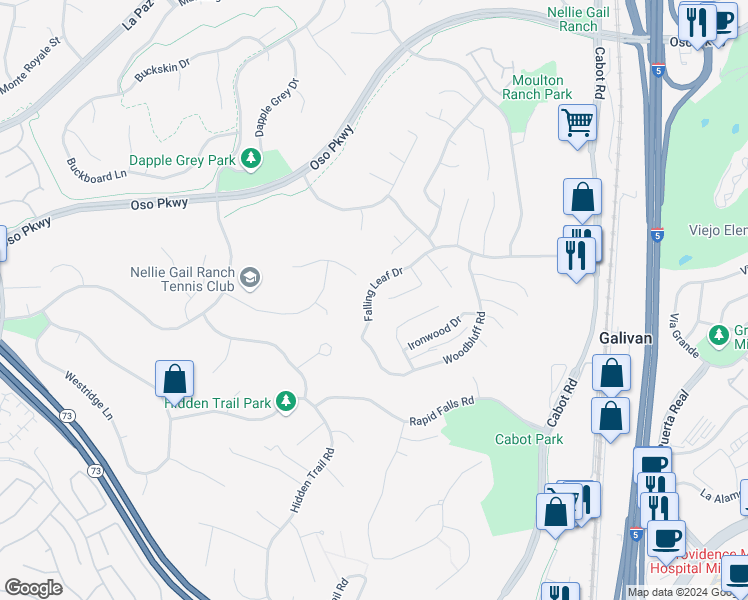 map of restaurants, bars, coffee shops, grocery stores, and more near 26992 Falling Leaf Drive in Laguna Hills