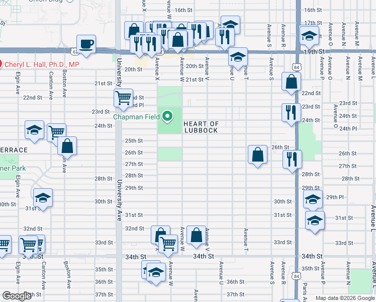 map of restaurants, bars, coffee shops, grocery stores, and more near 2219 26th Street in Lubbock