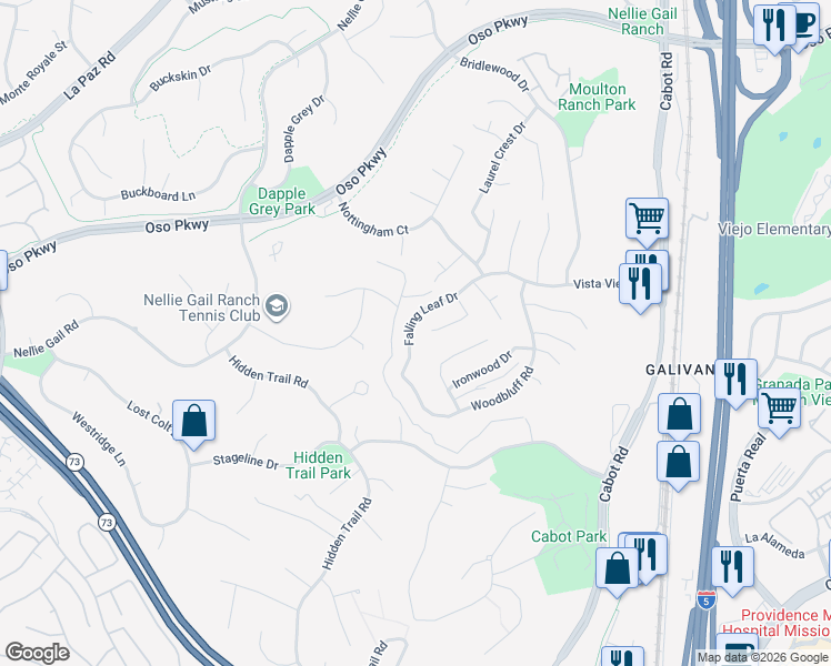 map of restaurants, bars, coffee shops, grocery stores, and more near 26992 Falling Leaf Drive in Laguna Hills