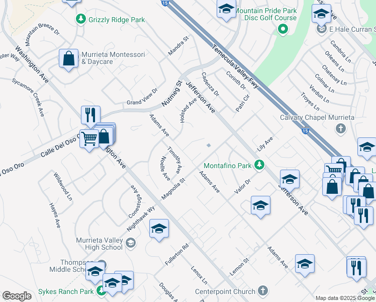 map of restaurants, bars, coffee shops, grocery stores, and more near 41744 Mesquite Lane in Murrieta
