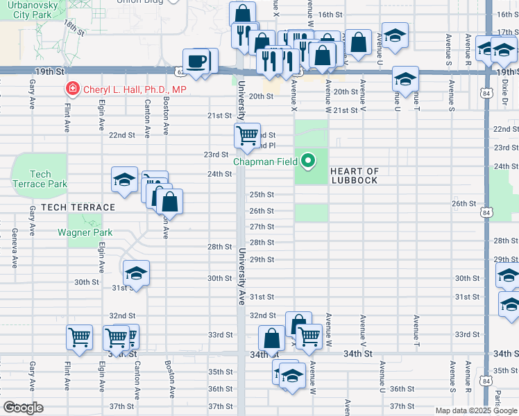 map of restaurants, bars, coffee shops, grocery stores, and more near 2428 25th Street in Lubbock