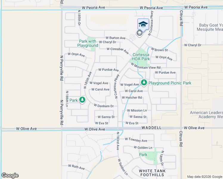 map of restaurants, bars, coffee shops, grocery stores, and more near 18351 West Vogel Avenue in Waddell