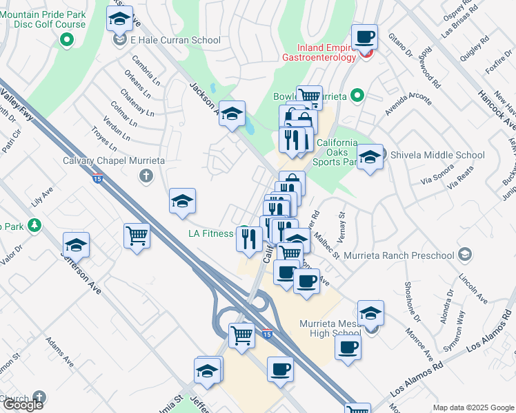 map of restaurants, bars, coffee shops, grocery stores, and more near 24375 Jackson Avenue in Murrieta