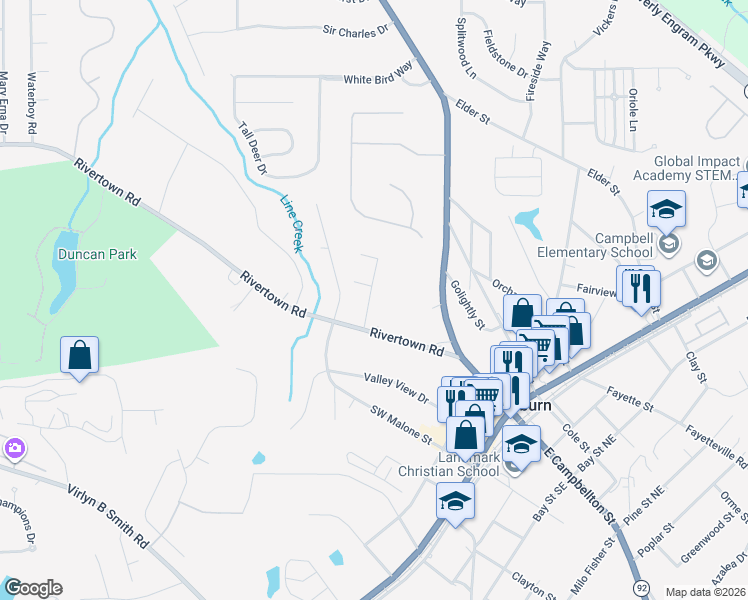 map of restaurants, bars, coffee shops, grocery stores, and more near 116 Wood Way in Fairburn