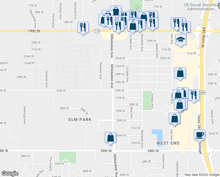 map of restaurants, bars, coffee shops, grocery stores, and more near 6502 26th Street in Lubbock