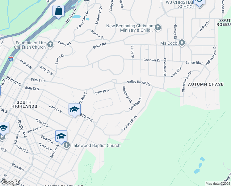map of restaurants, bars, coffee shops, grocery stores, and more near 881 Glenvalley Drive in Birmingham