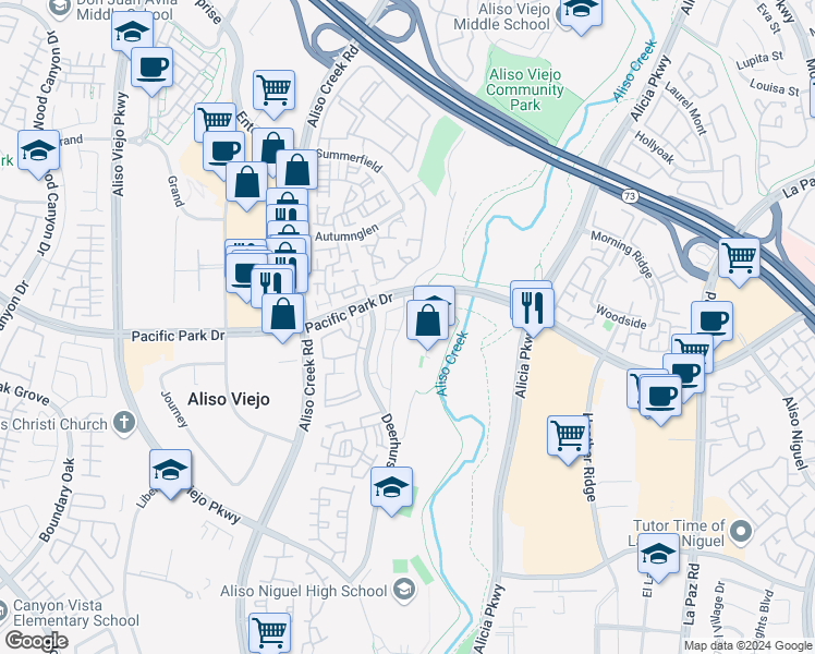 map of restaurants, bars, coffee shops, grocery stores, and more near 20 Hawaii Drive in Aliso Viejo