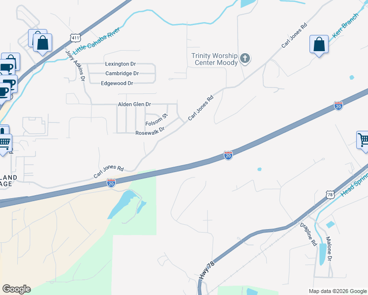map of restaurants, bars, coffee shops, grocery stores, and more near 2124 Carl Jones Rd in Moody