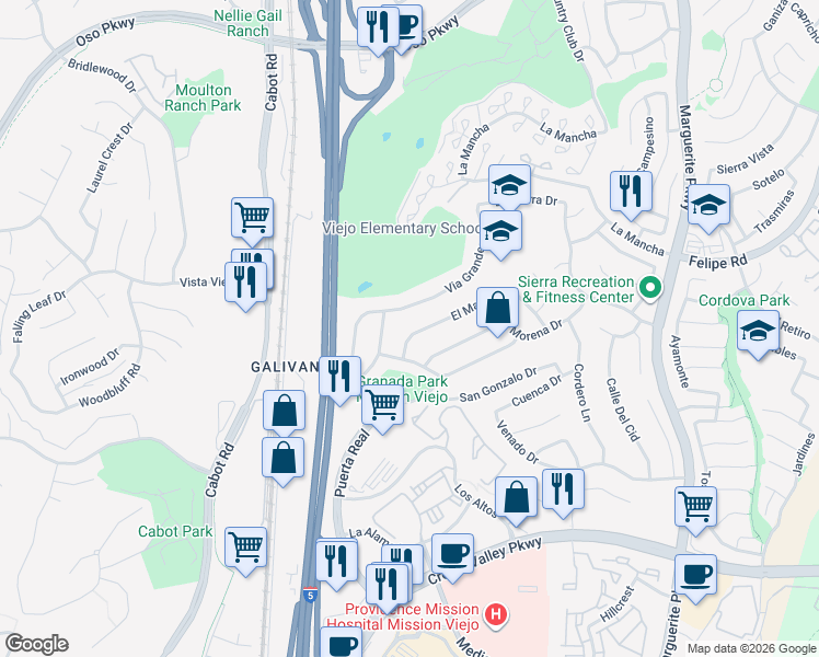 map of restaurants, bars, coffee shops, grocery stores, and more near 26441 El Mar Drive in Mission Viejo